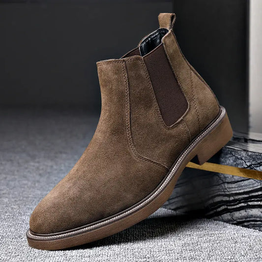 Men’s Suede Leather Autumn And Winter New Fleece-lined Pointed Ankle Boots - Leather Shoes for men
